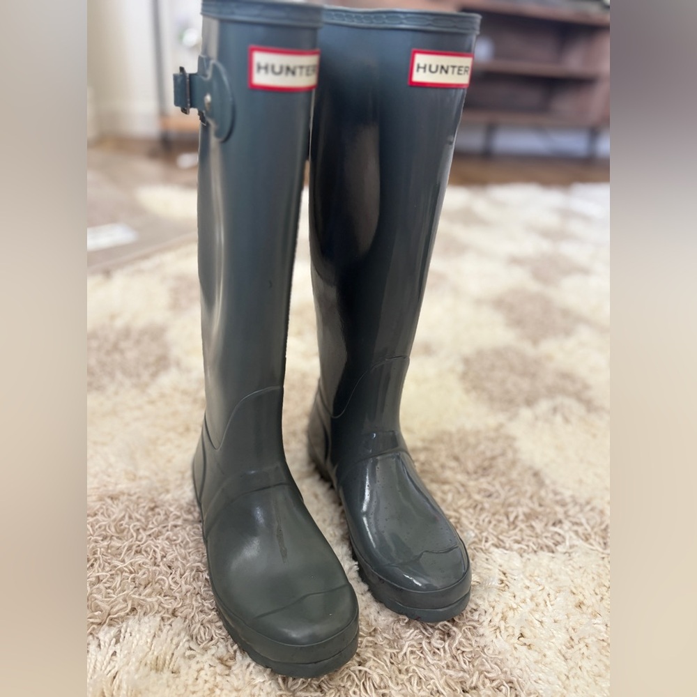 Hunter Green Winter Rain Boots with Glossy Finish